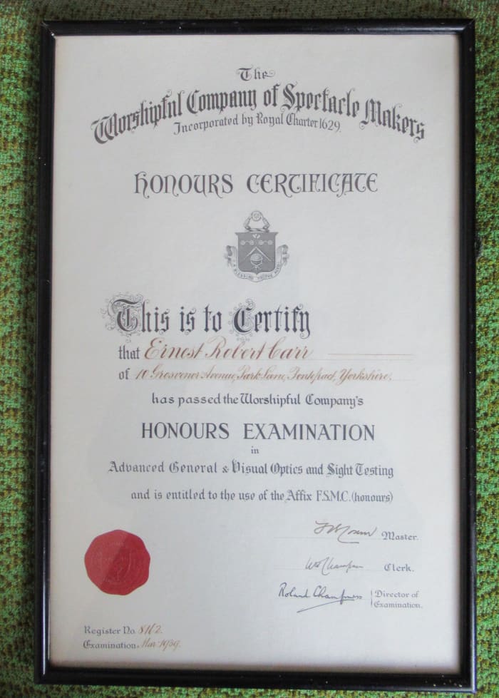 My father's Optical Qualification and Membership of the Worshipful Company of Spectacle Makers - doesn't it sound grand?