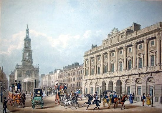 The famed Strand where Dante Gabriel Rossetti came across Alexa Wilding. Print published by Ackermann & Co in 1836. Artist unknown.