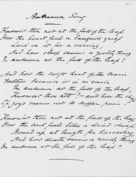 Original manuscript of Autumn Song by Rossetti, 1848, Ashley Library