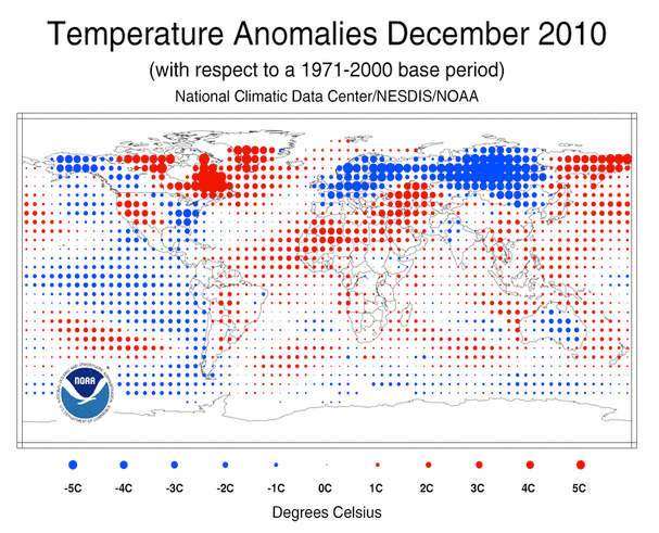 Temperature anomaly map for December, 2010. Although large areas were colder than usual, still larger areas were warmer, for a slight warm anomaly--.37 C. It was the coolest December since 2000. Image courtesy National Climate Data Center.