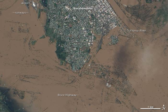 NASA Earth Observatory image of the flooding around Rockhampton, Queensland, Australia, January 9, 2011.