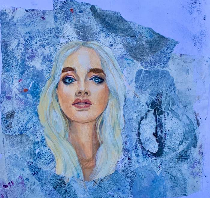 Head floating on paint-stained journal page, added gelli printed paper collage to cover, add color and give her some substance