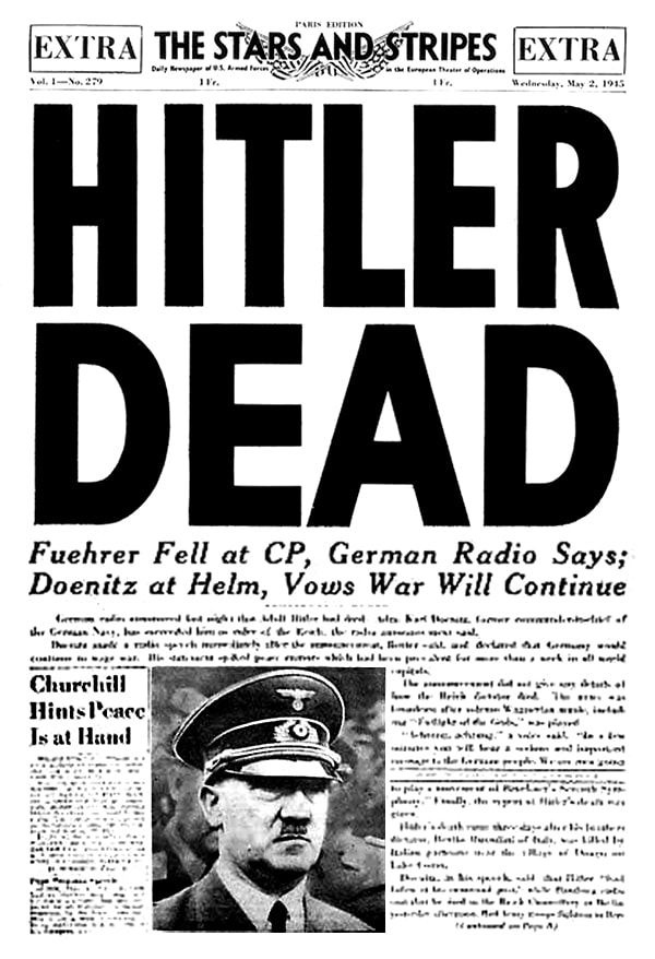 A headline in the U.S. Army newspaper Stars and Stripes announcing Hitler's death 1945