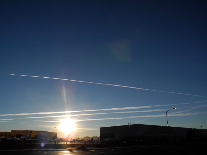 Another angle of the initial Pencil Thin Type lines that you see when the planes spray the Aerosol jet spray Chemtrails. Glistening like a Spider Web in the Sun.