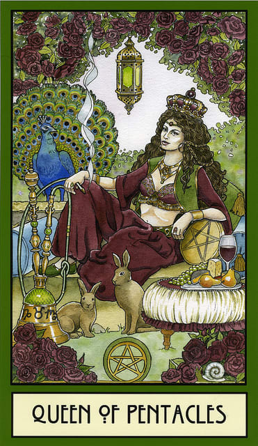 The Queen of Pentacles has come into a world of balance, luxury, and fertility. She has taken her crown as queen, she is the nurturing mother, and the attentive and loving spouse. She has made a name for herself and welcomes prosperity.