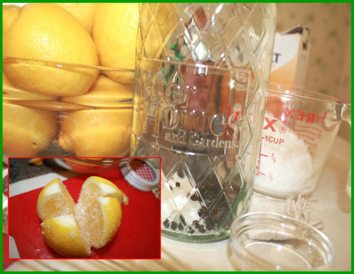 Jar is prepared with salt and whole peppercorns. Lemons cut and salted with Kosher or Sea Salt