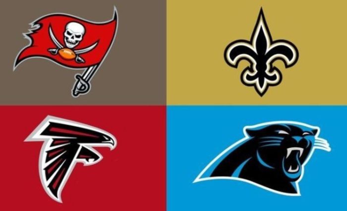 The NFC South consists of the New Orleans Saints, Atlanta Falcons, Tampa Bay Buccaneers, and Carolina Panthers.