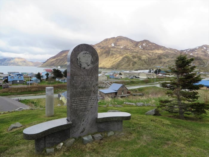 A memorial sits atop a hill in Unalaska. Natives also received reparation payments and an official apology from the U.S. government.