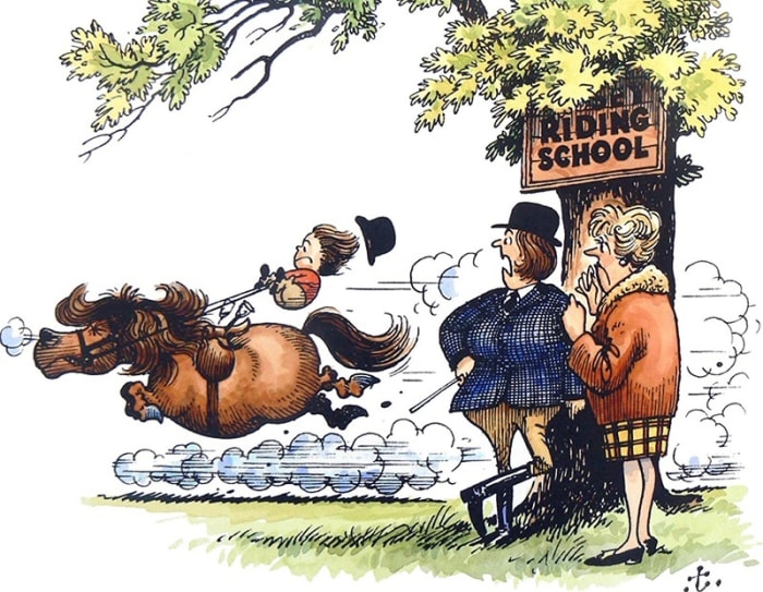 The riding instructor is saying to the worried parent, "She's not making very rapid progress, I'm afraid!" in this classic pony cartoon by Thelwell.