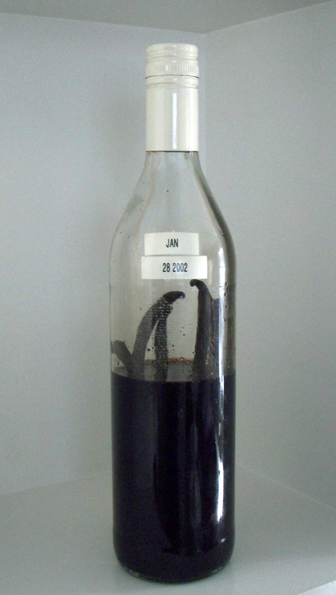 I used an old screw top bottle. Any jar will do nicely as long as the cap stays snug. You'll want to occasionally shake the vanilla extract.