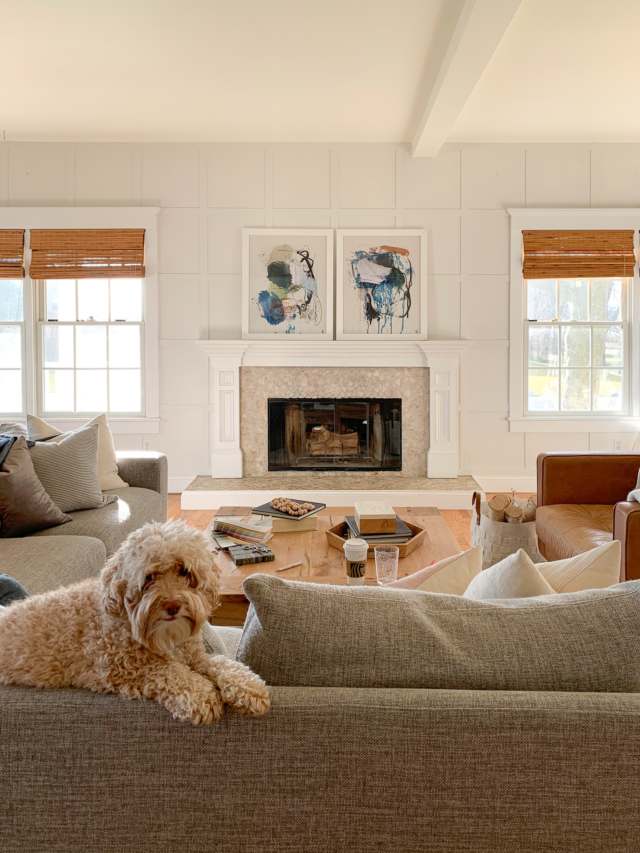 The batten square grid wall from the floor to the beam ceilings. The living room in the windows and the fireplace.