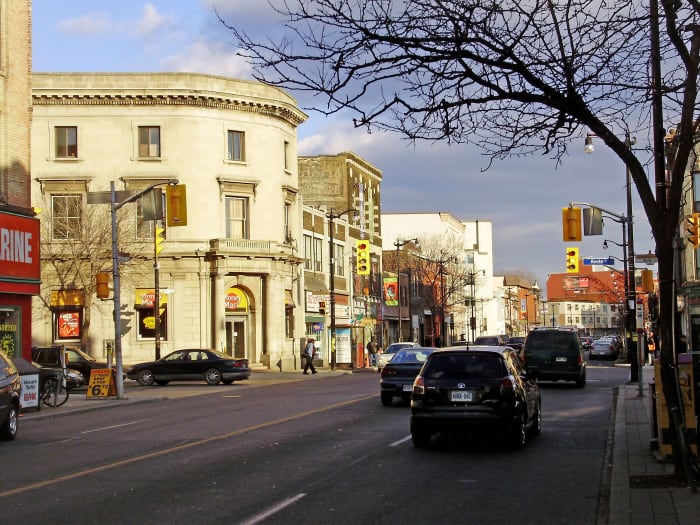 Looking east down Dundas Street West at its intersection with Keele Street in the heart of the Junction neighbourhood in Toronto, Ontario, Canada.