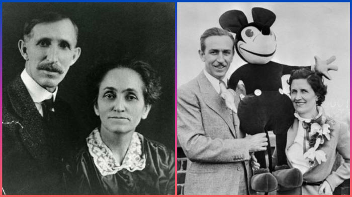 Flora Call Disney, looking so happy to have birthed five children and to be standing next to an overgrown rat... oh, and Mickey Mouse is there too.