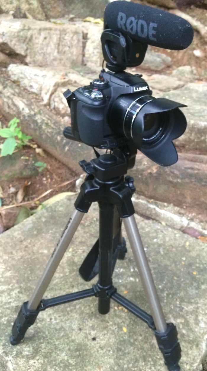 A Panasonic FZ250 with an external Rode videomic Pro for making films. In the jungles - ready for action. This was the predecessor to the FZ300 and excellent value for money like its super successor