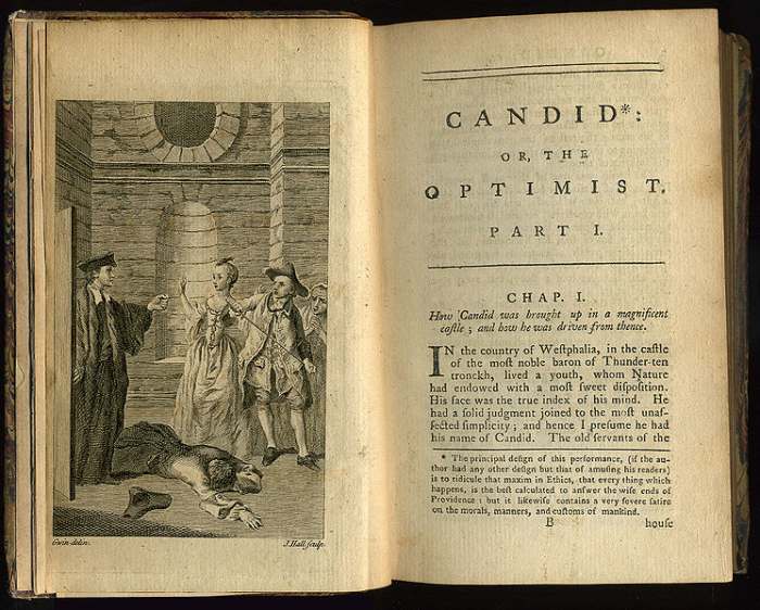 Frontispiece and first page of chapter one of an early English translation by T. Smollett et al of Voltaire's "Candide" , printed by J. Newbery, 1762.