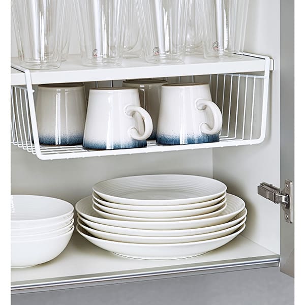 Vinyl-coated under the shelf. The baskets are great for plates or cups. Always slide one onto a kitchen shelf.