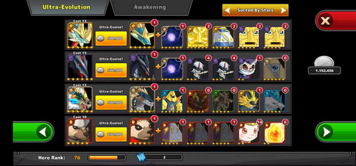 The Evolution page of the game. You can see here the ingredients needed for the Ultra Evolution of your monsters.