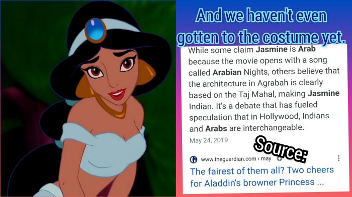 Kissing Jafar, kissing Aladdin, showing off her shoulders and midriff, standing up to her father and speaking her mind, 15 year old Princess Jasmine raised eyebrows.