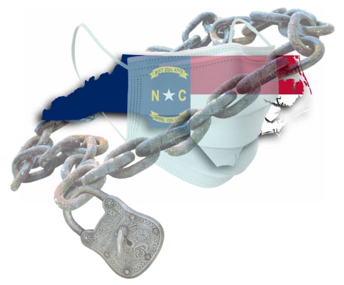 North Carolina flag wrapped around state map, restrained by face mask, lock and chain -- image compiled by R. G. Kernodle