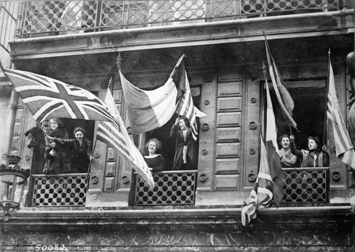 Luxembourgers celebrating the liberation of their country and welcoming the arrival of Allied soldiers after the Armistice, November 1918.