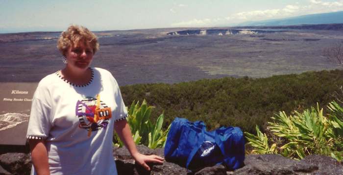 Me with Mauna Loa caldera in background - Photo taken by my husband in Hawaii Volcanoes National Park