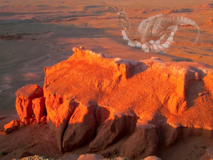 Flaming Cliffs in the Gobi Desert with superimposed image of an Ovirapotor Dinosaur on a Clutch of Eggs
