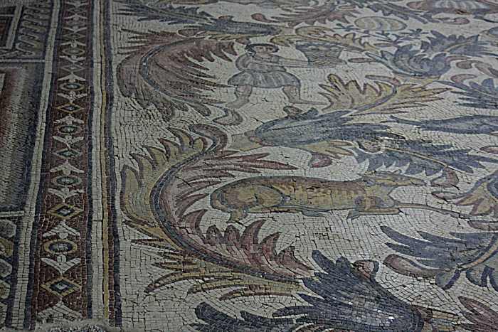 Part of another mosaic from the Church of Preacher John on Mount Nebo. Many ancient churches on Mount Nebo feature mosaic floors, often illustrating hunting or pastoral scenes