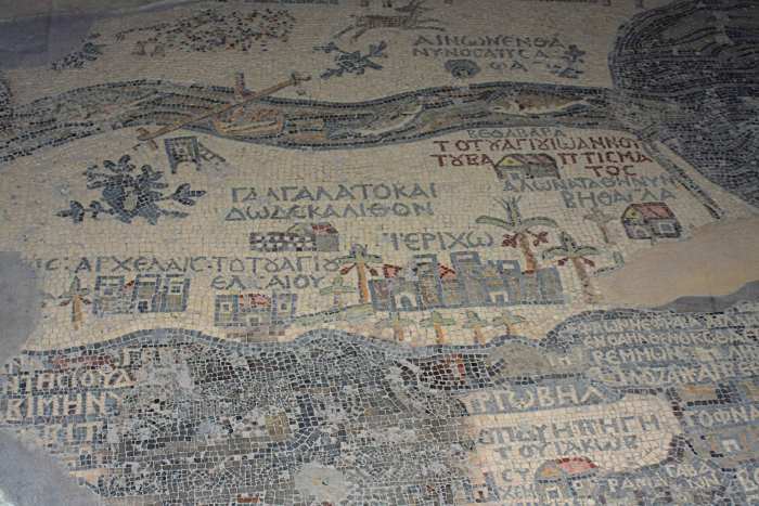 Part of the Madaba map which depicts Turkey, Jerusalem, Jericho, the Dead Sea, Egypt and the Nile, and many other Biblical locations,