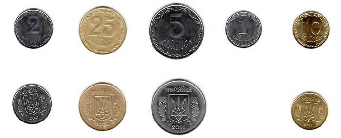 Front and back of the common coins available in my pocket. There is also a 50 kopek coin, a 1 hryvnia coin and a 2 hrynia coin (new in 2018.)