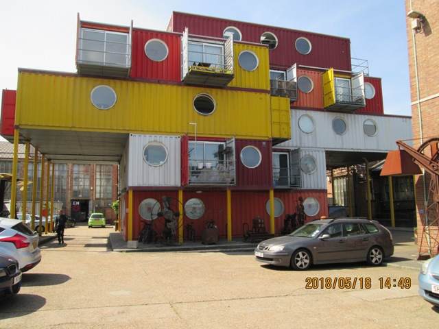 Look to your right at "Container City #1" - #2 is behind. There are several pieces of unusual art around (the wharf now houses an artists' colony and school, the Parkour Academy