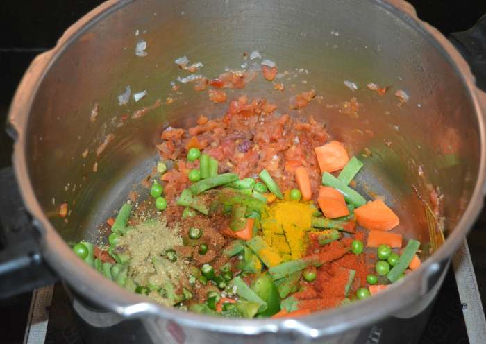 Add red chili powder, coriander powder, garam masala powder, turmeric powder, and remaining salt. Mix well.