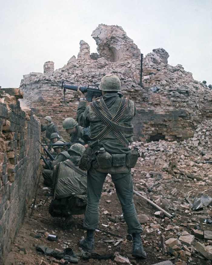United States marines battling for control of the citadel during the battle for Hue. Two and a half million American soldiers served in Vietnam from 1956-1975.