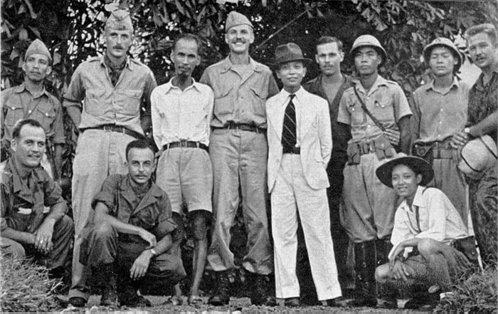 Ho Chi Minh and American OSS agents 1945. During the Second World War Ho worked with the Americans to battle the Japanese who occupied Vietnam during the war.