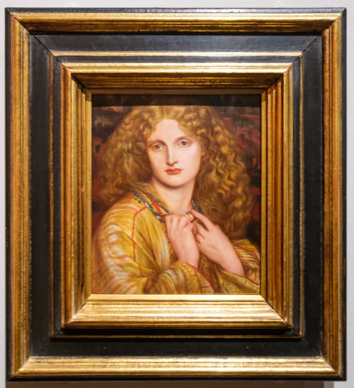 A copy of Rossetti's 'Helen of Troy' modeled by Annie Miller and painted by Dante Gabriel Rossetti, Resides at London's National Portrait Gallery.