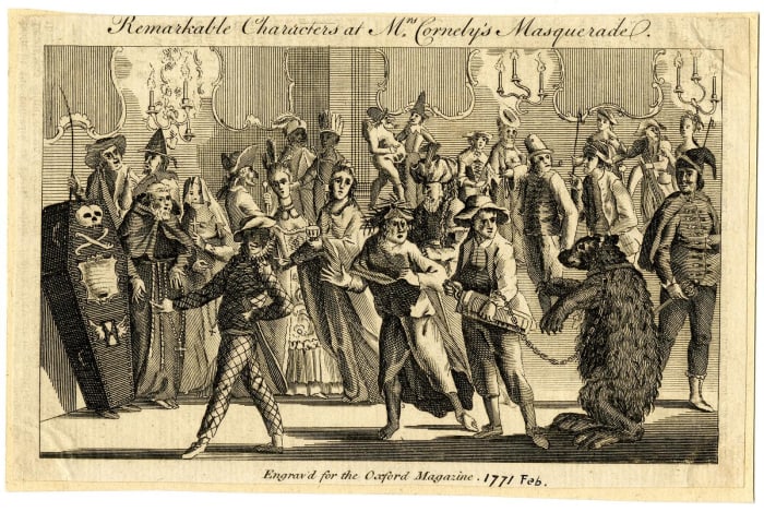 "Remarkable characters at Mrs. Cornely's masquerade", engraved for the Oxford Magazine, Feb. 1771 © The Trustees of the British Museum