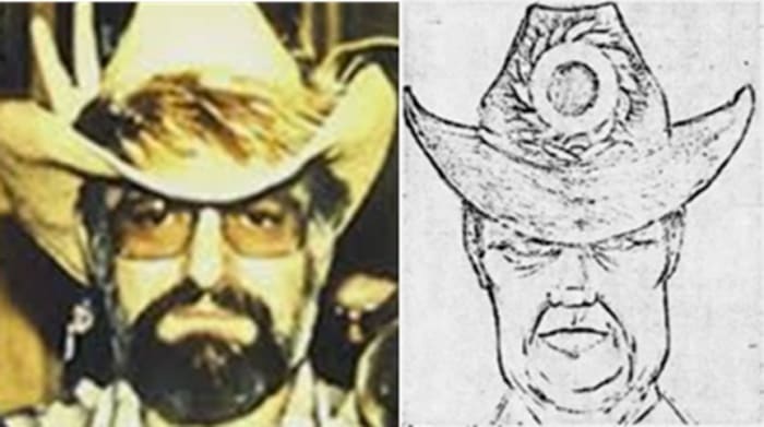 Royal Russell Long next to the composite of suspect in the murder of Valentine Sally. Photo courtesy of Missing Leads.