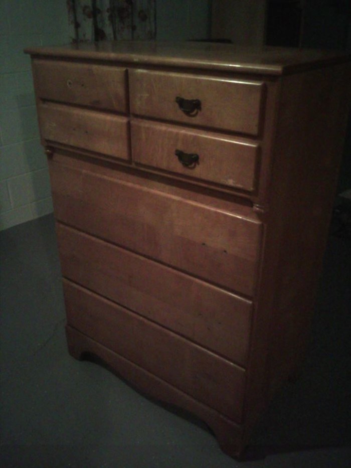 This was our first refinishing project. You can see some of the wear, discoloration, and that handles were missing, it was quite beat up.