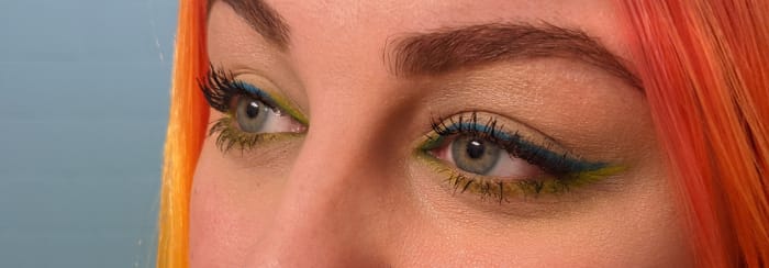 Fully lined neon eyeliner is easy with eyeshadows that can double as eyeliner using an angled liner brush!