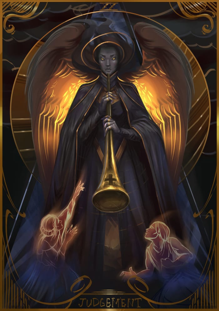 Judgment comes for people when it's time for a higher calling. Angels with trumpets announce when the dead can rise. This card is about connecting to a higher purpose, to the Divine, or the cosmos. It's about letting go of our past selves.