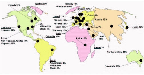 Population frequency of 677T homozygosity by geographic area. Ethnicity is also indicated for some populations. (http://www.ncbi.nlm.nih.gov/books/NBK6561/ for more information.)