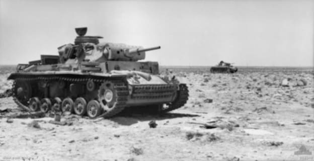 Destroyed Panzer IIIs at Tel el Eisa, near El Alamein (1942). Under new leadership and added with a massive infusion of new equipment from the United State, the British would turn the tide against Rommel.