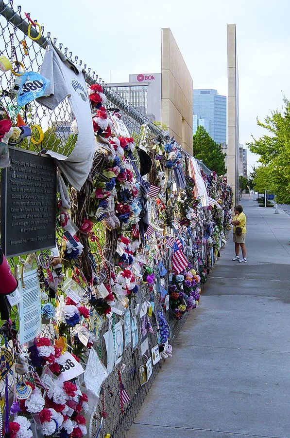 The Memorial Fence and east Gate of Time at the Oklahoma City National Memorial.