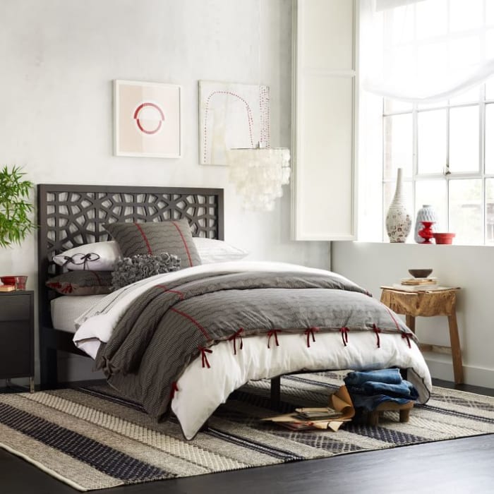 The laser-cut motif on our headboard was inspired by geometric Moroccan patterns. Its intricate design creates a look that’s delicate.