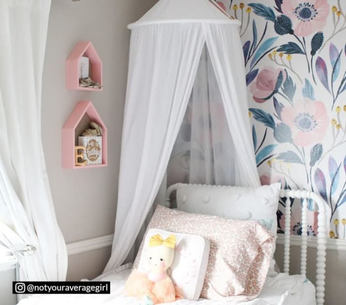 Make her bedroom or playroom into a magical space. The all-white tulle canopy is meant to serve as a backdrop.