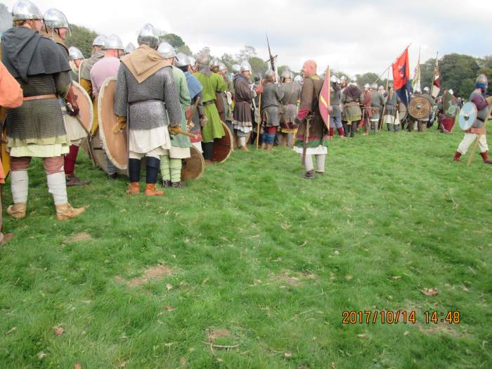 In the mean time the fighting men patiently muster for their turn to take their places in the shieldwall. Confidence was high, although it was over-confidence that might have cost Harold the battle after his win near York
