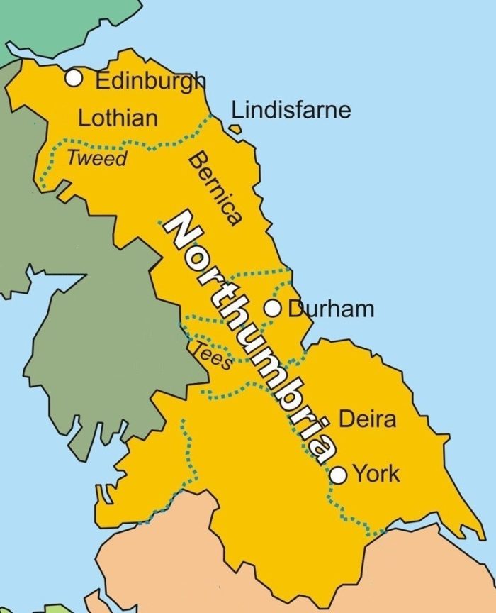Northumbria's expansion northward encroached into Pictish and British tribal lands as far as the Firth of Forth - excluding Strathclyde British territory in the north-west (now Cumbria - linked with Cymru)