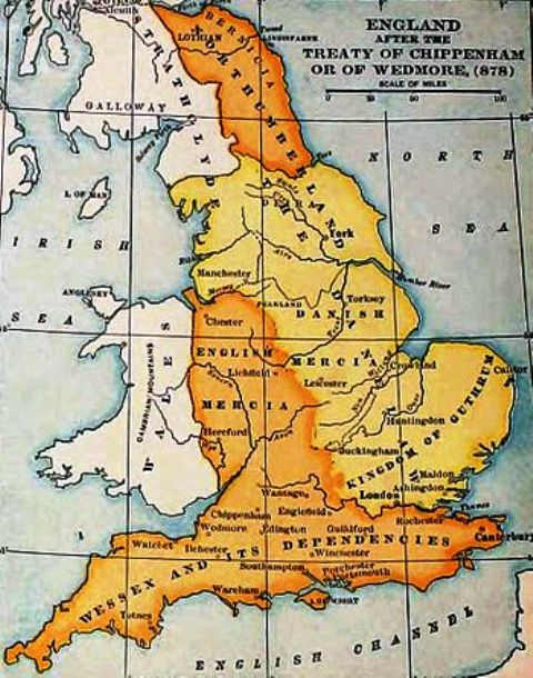 The kingdoms, AD 878 after the initial Treaty of Wedmore between King Aelfred and Guthrum the self-styled King of East Anglia before the latter's post-Yuletide (Christmas) raid on Chippenham when Aelfred was forced into hiding on Aethelney (Somerset)