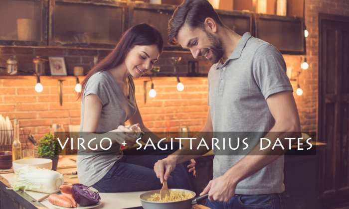 Virgo and Sagittarius date ideas: (1) go on a picnic together in a beautiful vista, (2) go to a festival whether for food or music, (3) ride bikes together, (4) cook a fantastic meal together, (5) hit up the trendy places in town.