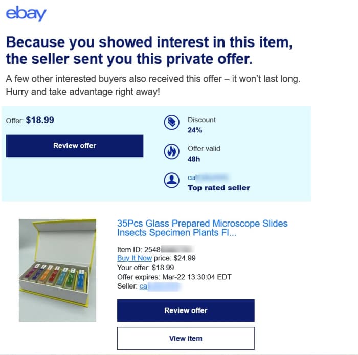 An example of the type of offer you will get if you show interest in an item but put off buying. Here the seller offered a 24 percent discount, a pretty good deal just because I waited a day before buying.