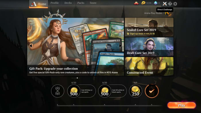 Home page of MTG: Arena with possible events. Below we can find the Daily Quests and the Daily or Weekly Rewards.